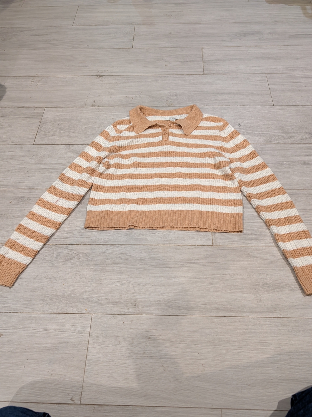 American Eagle Outfitters Striped Cropped Polo Sweater in Cream and Tan
